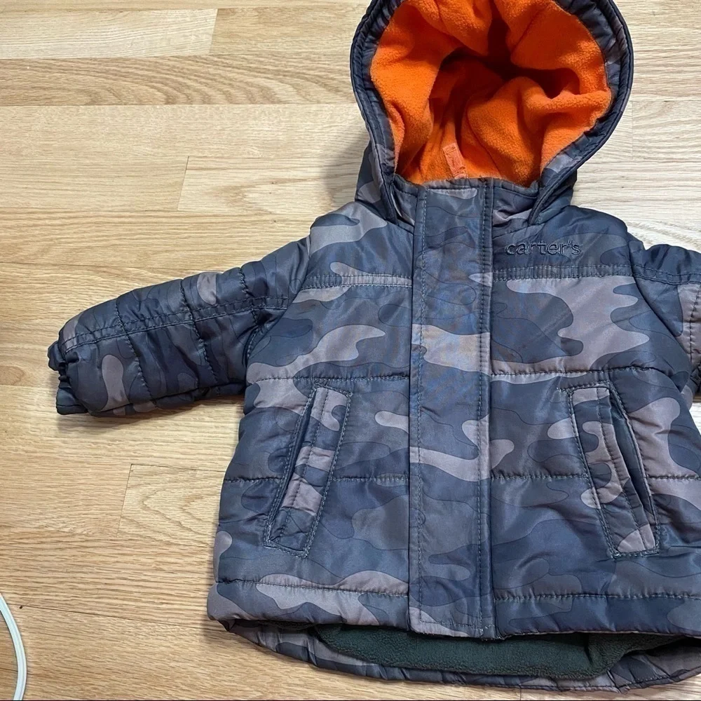 Carter’s Puffer Jacket 12 mos Full Zip Camouflage Green Orange Hooded